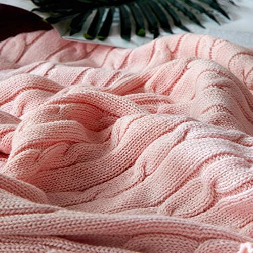 Throw Blanket Knit Decorative Wool Yarn Textured Cable Sweater Soft Warm Bedroom Decor Couch Sofa 47x70 Lightweight Indoor Outdoor Accent,Pink