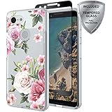 Google Pixel 3 Case with Tempered Glass Screen Protector, ChangeJ Shock Absorption Slim Clear Flower case for Google Pixel 3 (Pink)