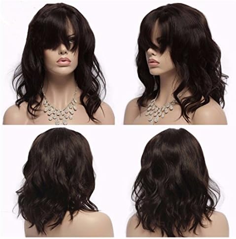 6A Brazilian Remy Human Hair Wigs With Full Fringe Glueless Lace Front Human Hair Wigs with Bangs for Black/White Women (16 inches, color 1b(can be dyed by yourself))