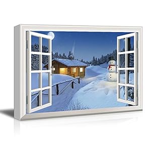 Window Frame Style Canvas Wall Art - Snow Covered Cottage and a Snowman During Christmas Season - Giclee Print Gallery Wrap Modern Home Art Ready to Hang - 12x18 inches