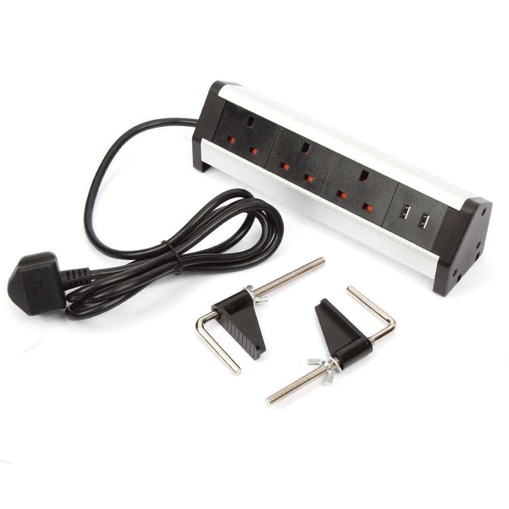 Desktop Power Socket Extension with 2 USB,3 UK Plug and 2 Mount Clamp,Worktop Socket for Home