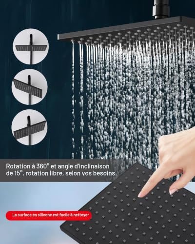 ARCORA Thermostatic Shower Column with 2 Modes Hand Shower and Large 360° Swivel Ceiling Shower Head, Telescopic Bar Adjustable in Height, G1/2 Connection, Black
