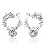 Adorable Woman Sterling Silver Novelty Cute Hello Kitty Crystal Eardrop Stub Earrings For Girl Women Lady