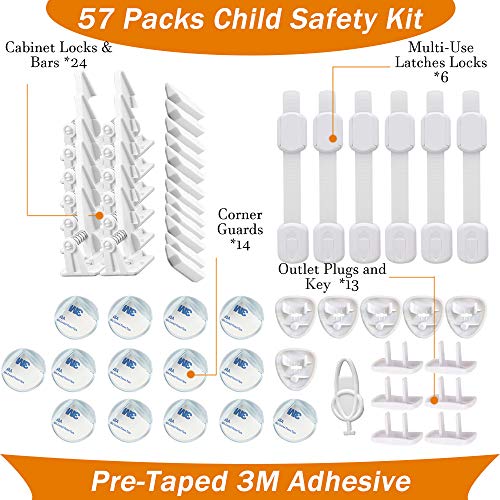 Baby Safety Kit, Baby Proofing with Cabinet Locks – 57 Packs All-in-one Super Value Child Safety Kit = 24 Cabinet Locks+Bars & 6 Stripe Cabinet Locks & 14 Large Clear Corner Guards & 13 Outlet Plug
