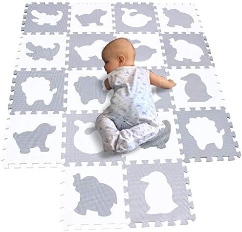 BUCHAQIAN Interlocking Baby Foam Mats Playing EVA Foam Soft Play Mat Non-Slip Waterproof Crawling for Children Safe Odorless Tiles White Grey P051G301018BH