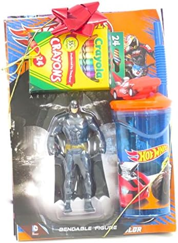Boy's Christmas gift set of 9, includes Batman Bendable, Hot wheels tumbler, and hot wheels, Batman, spiderman coloring book, , superman key chin, and hand figure, crayons, 9go