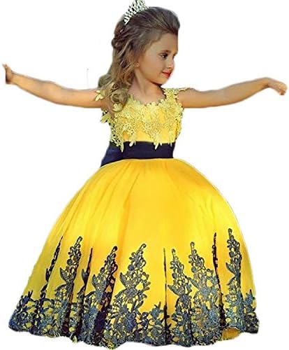 BaiYue Flower Girls' Appliques Princess Toddler Kids Birthday Gowns 4 US Yellow