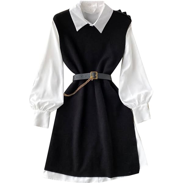 Amazon.com: Women Knitted Vest Shirt Dress Turn-Down Collar Long Sleeve Two  Piece Suit Spring Winter Black XL : Clothing, Shoes & Jewelry