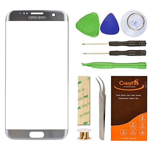 Samsung Galaxy S7 Edge Silver Replacement Front Outer Lens Glass Screen CrazyFire Repair Kit with 1MM Adhesive Tape +Tools Kit+ 1 Pair Tweezers+1 Roll Micro Wire for G935V G935P G935F G935T G935A