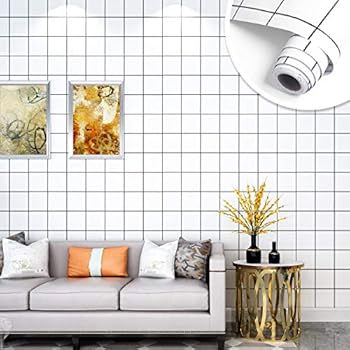 Modern White Grid Vinyl Wall Paper for Kitchen Backsplash Peel and Stick Wallpaper for Bathroom Living Room Bedroom Wall Decor Removable Self Adhesive Wallpaper 24 x 118 inch
