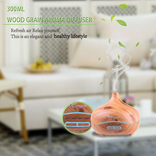 Essential Oil Diffuser ONEreah Cool Mist Humidifier Wood Grain Humidifier 300ML with 4 Timer Settings Waterless Auto Shut-off and 14 LED Color Changing for Office Home Bedroom Living Room Study Yoga