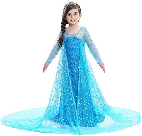 Little Girl's Princess Fancy Dress Christmas Party Costume (Blue-Long Sleeve, Child M/5-6)