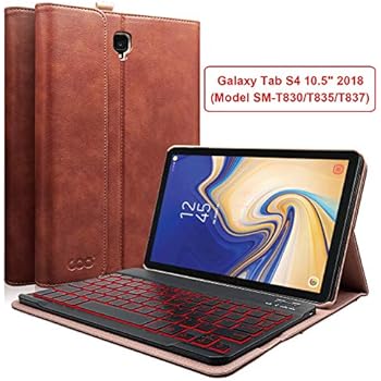 COO Keyboard Case for Samsung Galaxy Tab S4 10.5 inch 2018(Model SM-T830/T835/T837), PU Leather Stand Cover with Detachable Wireless Keyboard, 7 Color Backlit (Brown)