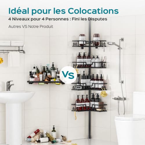 HAMITOR Shower Shelf No Drilling, Telescopic Corner Shelf, Bathroom, Ideal for Small Bathrooms & Tenants, 4-Tier Rustproof Metal Shelf with Large Capacity for Whole Family, Adjustable Length, 119-312