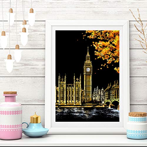 Eraimp Scratch Art Paper, Rainbow Painting Sketch Pad, Night View Scratchboard for Adult and Kids, DIY Arts & Crafts, with Wooden Stylus, Exquisite Packaging - 15.94"x11.2",Big Ben - Thumbnail 2