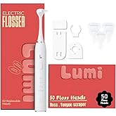 Lumi Electric Flosser | 2 in 1 Electric Flosser for Adults w/ 4 Speeds + 50 Replacement Heads - Dentist Recommended | Easy Glide Flossing for Gentle Gum Care, Tongue Scraper, Water Alternative flosser