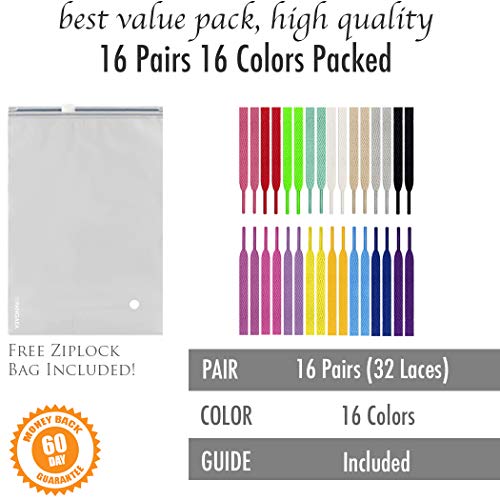 Pangaea 16 Pairs Pack Flat Colored Shoe Laces for Sneakers 16 Colors Athletic Skate Boots Sport (40 Inch, 16 Color)