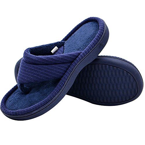 Wishcotton Women's Classic Memory Foam Spa Thong House Shoes Fluffy Flip Flop Slippers (M, Navy)