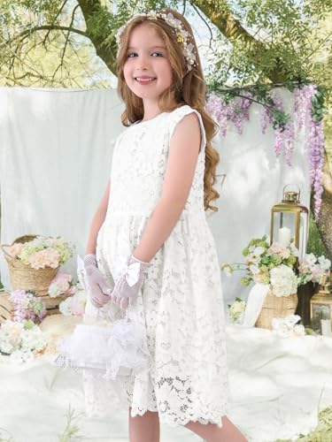 ALLOVIN Pizzo Senza Maniche a Linea A per Bambine e Toddler, Festa, Compleanno, Matrimonio e damigella con fiocco con perline, 2-12 Years