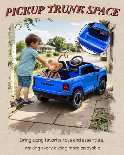 First Ride On 12v Kids Ride on Truck, Licensed Ram 1500 Rho Ride on Toy For Kids with Remote Control, Ride on Car for Children w/Truck Bed Storage, Smooth Start, Bluetooth, Aux Port (Blue)