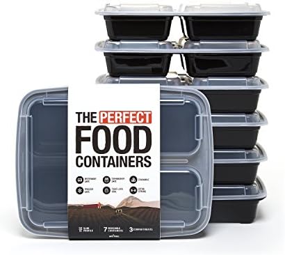 Food Grade Meal Prep Containers - BPA-Free - Lock-Tight Seal - Microwave &amp; Freezer Safe - 7 Pack, 28oz - (3-Compartments)