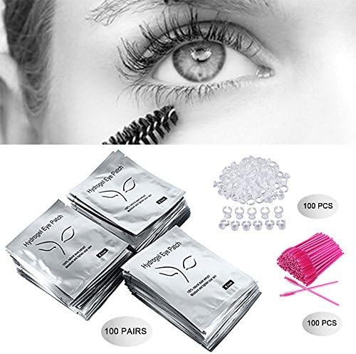 3x100 Packs- Under Eye Pads Lint Free Lash Extension Eye Gel Patches & Eyelash Mascara Brushes Wands Applicator Makeup Brush & Nail Art Tattoo Glue Rings Holder Eyelash Extension Rings Beauty Tools
