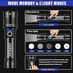 KEPEAK Flashlight High Lumens Rechargeable, 10000