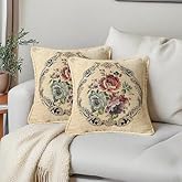 Qupace Set of 2 Beige Vintage Embroidered Throw Pillow Covers for Sofa Couch,Cushion Pillow Euro Sham Covers 18x18in Victorian Floral Cushion Covers