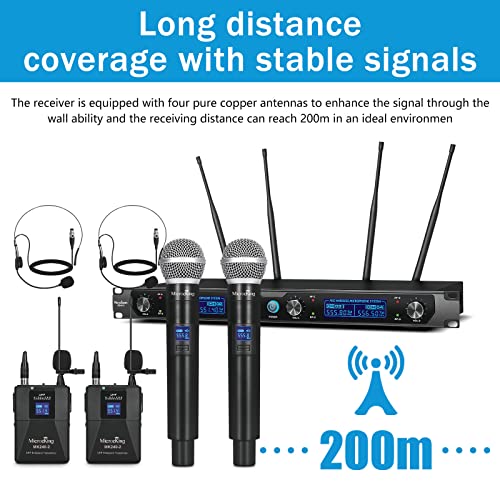 MicrocKing Wireless Microphone System,with 2 Handheld Mics and 2 Lavalier Bodypacks, Metal Build, Fixed Frequency, Long Range 400 FT, Ideal for Party Wedding Church Conference Speech