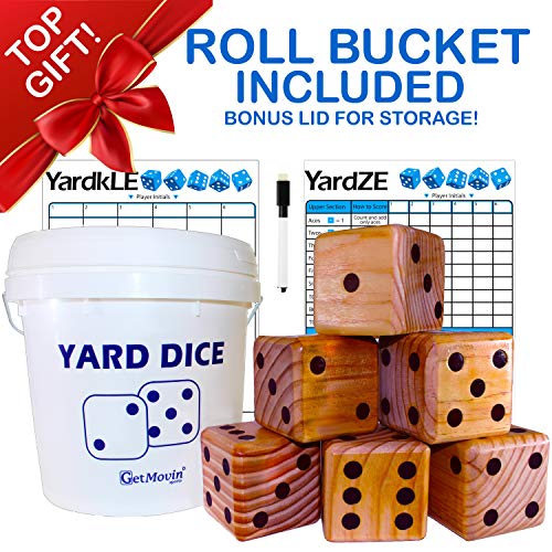 GETMOVIN SPORTS Stained Yardzee and Yard Farkle Dice Set (All Weather) Roll Bucket and Scorecard - Includes 6 Dice, Dry Erase Scorecard W/Marker, Roll Bucket, Lid for Storage (Dark Stain) - Thumbnail 5