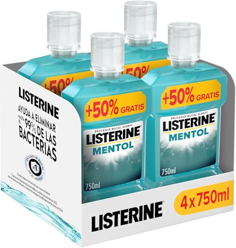 Mentol Enjuague bucal con flúor, colutorio encías con 24 horas de protección, elixir bucal mentolado para un aliento fresco duradero, pack de 4 x 750 ml