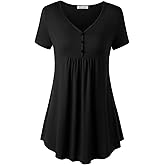 BAISHENGGT Women's Tunic Tops for Leggings Summer Short Sleeve Henley V Neck Button Casual Blouses Flowy T Shirt