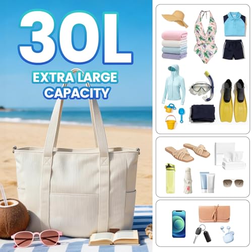 Virape Beach Bag XXL Family Drawstring Fabric - Women's Beach Bag Large with Zip & Waterproof Bag, Wet/Dry Separation - Fashionable Shoulder Bag for Beach Pool Camping Holiday