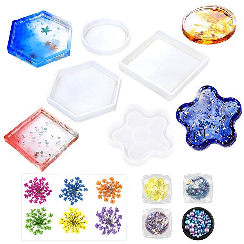 Jatidne Resin Molds Coaster Silicone Molds for Resin Epoxy Casting Molds 4 Pieces Shapes with Flowers and Beads DIY Craft Making