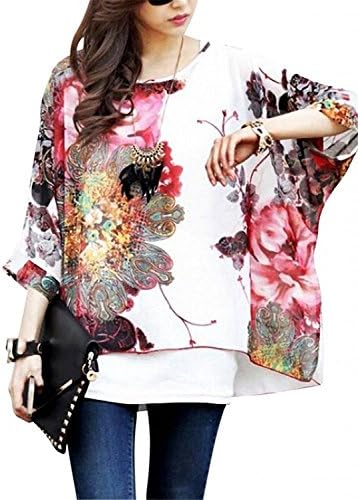 Seven Century Boho Batwing Sleeve Chiffon Blouse Women Casual Floral Print Loose Shirts Plus Size Beach Tunic Tops