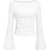 PRETTYGARDEN Womens Long Sleeve Shirts 2026 Spring Crop Going Out Tops Casual Boat Neck Bell Sleeve Ribbed Ruched Y2K Clothes