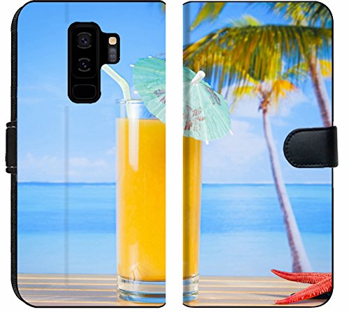 Luxlady Samsung Galaxy S9 Plus Flip Fabric Wallet Case ID: 39592028 Glass of Orange Juice on The Sandy Beach Near Starfish with sea in Background