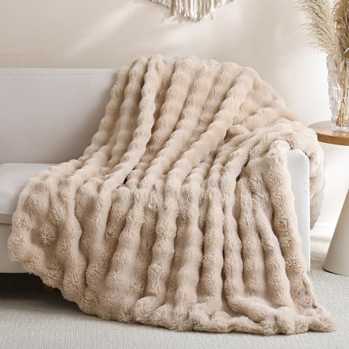 Photo 1 of Smoofy Faux Fur Throw Blanket for Couch – Linen Fluffy Cozy Rabbit Fleece, Plush Soft Bubble Blanket for Sofa & Bed, for Mom, Warm Fuzzy Home Room Decor Throw 50" x 60"