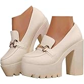Womens Platform Heels Loafers Chunky High Heel Closed Toe Metal Buckle Shoes Penny Loafer Business Dress Work Pumps