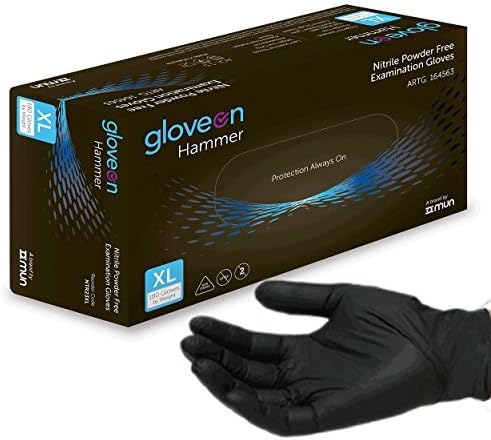 Hammer Black Nitrile Exam Tattoo Gloves, Powder Free, Latex Free, Size Small, 2 Boxes of 100 Gloves/Box (200) by Gloveon