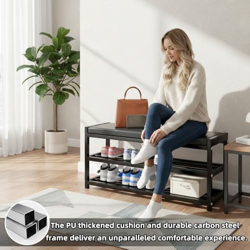 Beauenty Shoe Rack with Seat,2-Tier Shoe Rack Bench with Leather Cushion, Durable Steel Frame Shoe Stool Rack Shelf for Entryway Bedroom Living Room Balcony (90x25x41cm)