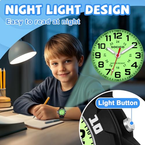 Kids Analog Watch with Light for Boys Girls Waterproof Time Teaching Watch with Soft Band Learning Time Wrist Watch Easy to Read for Children Great Gifts