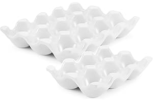 Flexzion 12 + 6 Cups Ceramic Egg Holder for Fridge - 18 Porcelain Egg Tray Container Keeper Storage Organizer Decorative Serving Stand Serveware for Refrigerator Countertop Display Kitchen (White)