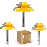 Newdeli 45 Degree Lock Miter Router Bit 3-Piece Set, for 1/2”, 5/8”, 3/4” Cutting Height, 1/4 Inch Shank. Easy to Create Lock