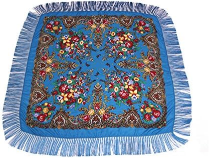 Dzhavael Couture Womans Russian Style Wool Luxury Unique Large Babushka Pashmina Shawl Wraps Scarves with Fringe (Blue)