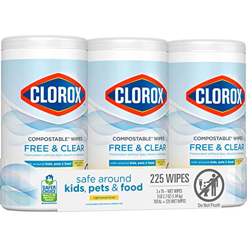 Clorox Free & Clear Compostable Cleaning Wipes, Light Lemon Scent, 75
