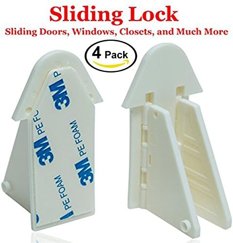 4 Pcs of Premium Keyless Sliding Door Locks Baby Proof- Safety Latches for Doors, Kitchen,Patio, Windows, Cupboard &amp; Closets. Childproof Cabinet Door Locks No Drill or Screws, FDA Approved