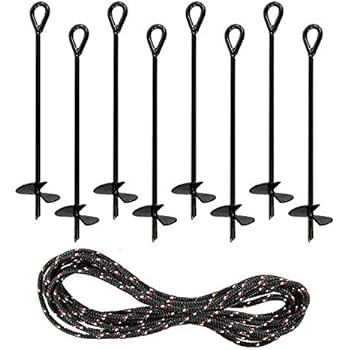 Yesland 8 Pack 15 Inch Black Ground Anchor, Reusable Heavy Duty Steel Wind Stakes, 3/8 Inch Thick in Diameter with 25 Feet of Rope