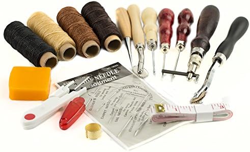 16 Pieces Leather Craft Tool Craft Leather DIY Hand Stitching Sewing Tool Set Including Thread Awl Waxed Thimble Kit