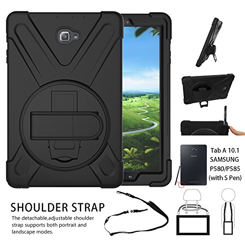 Galaxy Tab A 10.1 Case,Shock-Absorption/High Impact Resistant Heavy Duty Armor Case For Samsung Galaxy Tab A 10.1 Inch Tablet with S Pen SM-P580, W/ Hand strap shoulder belt (Black)